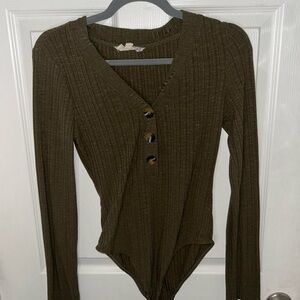 Greenish Brown long sleeve bodysuit with buttons.